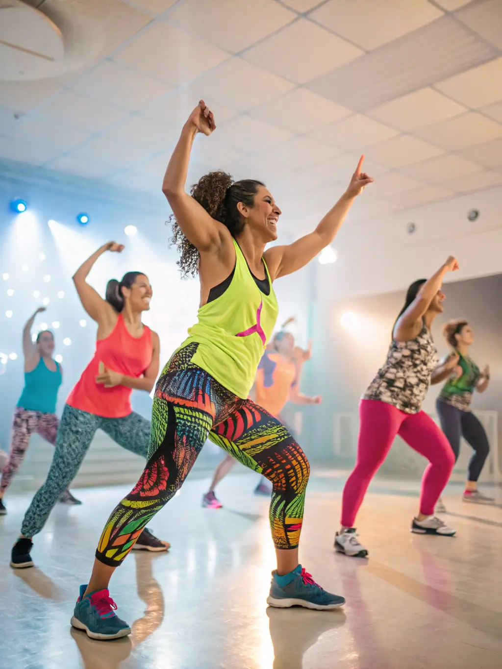 A vibrant image of a group of people participating in a Zumba class at BODY FITNESS CLASS, showcasing the energy and fun of the program.
